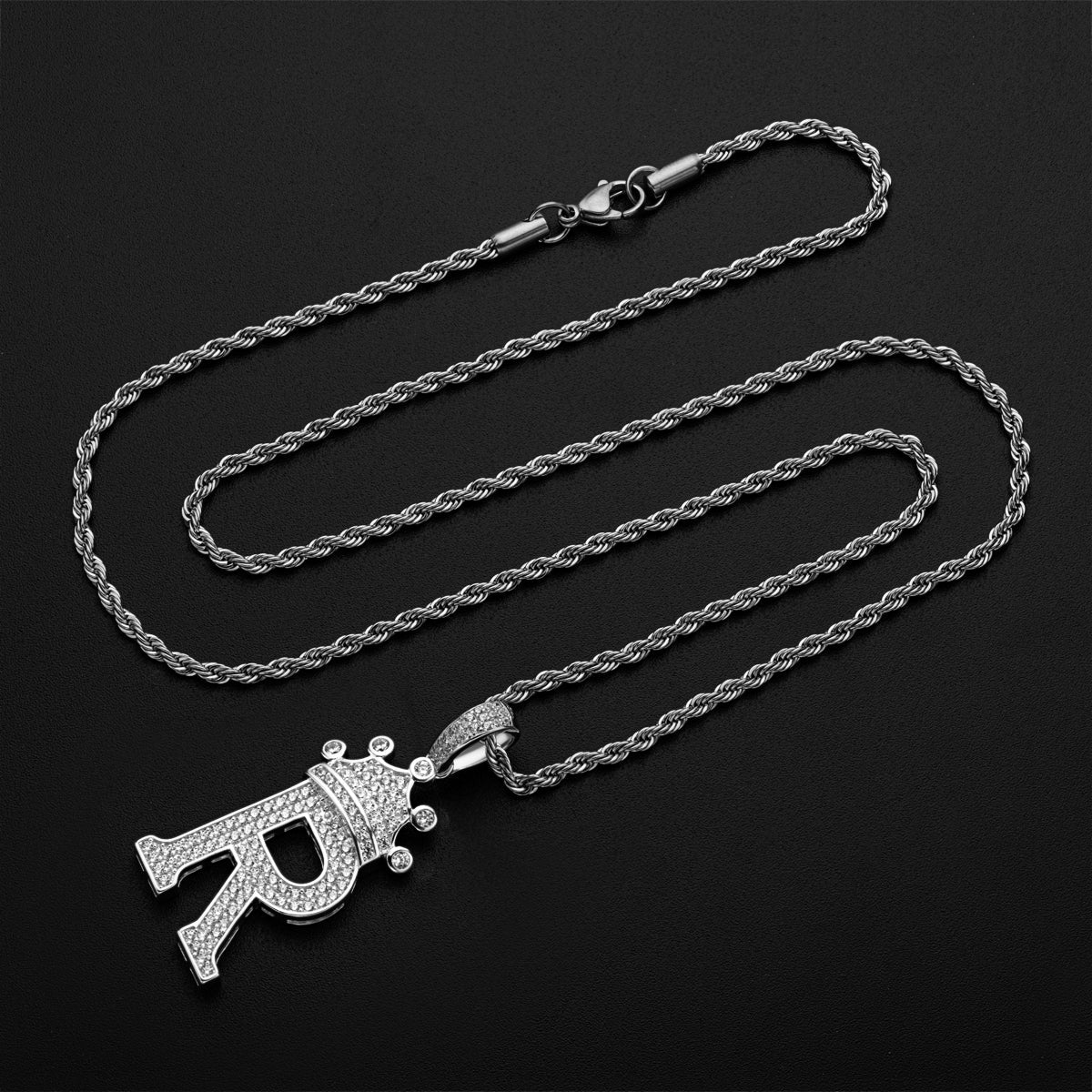 925 Sterling Silver The Letter R Created CZ Crown Hip Hop Rope Chain Pendant Necklace