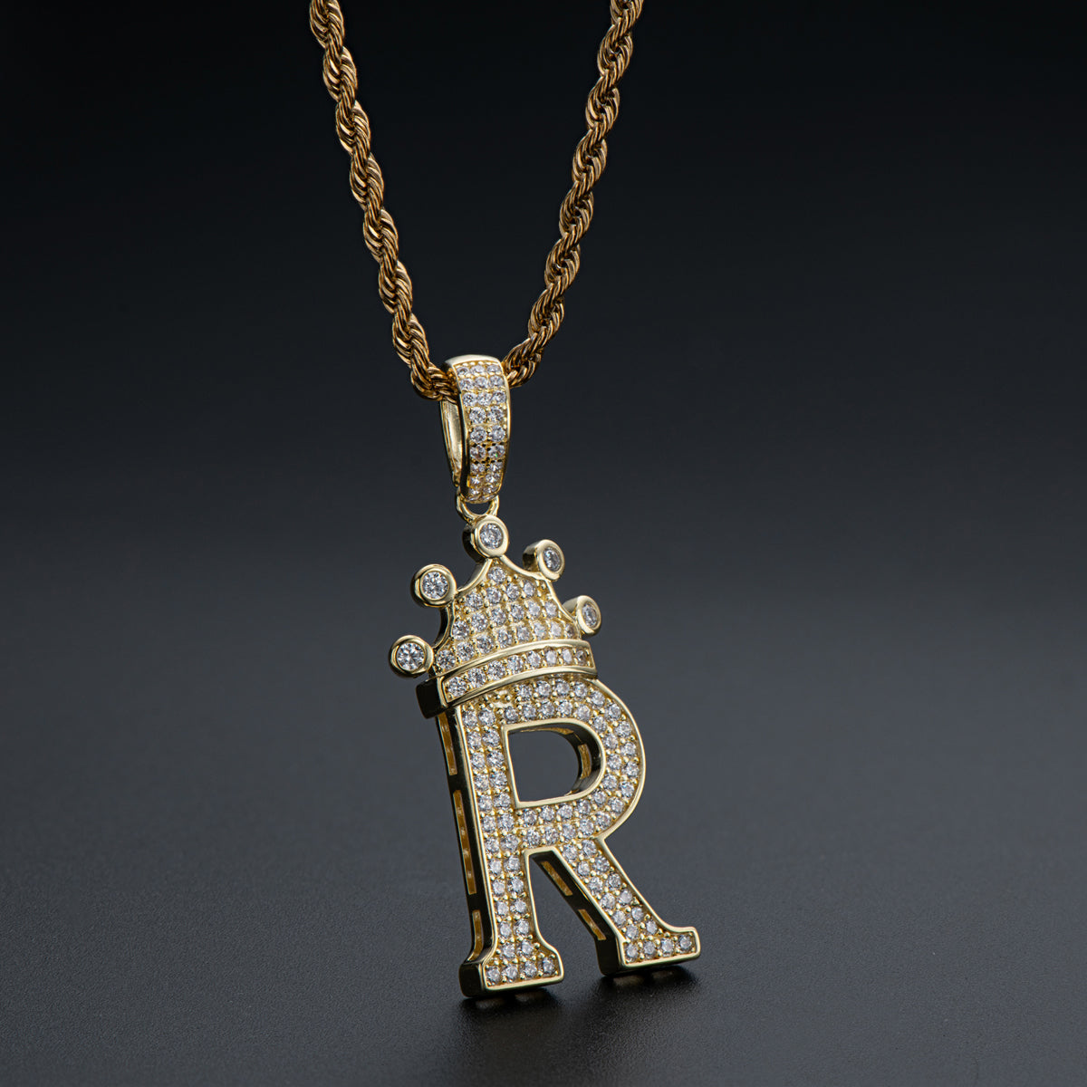 925 Sterling Silver The Letter R Created CZ Crown Hip Hop Rope Chain Pendant Necklace