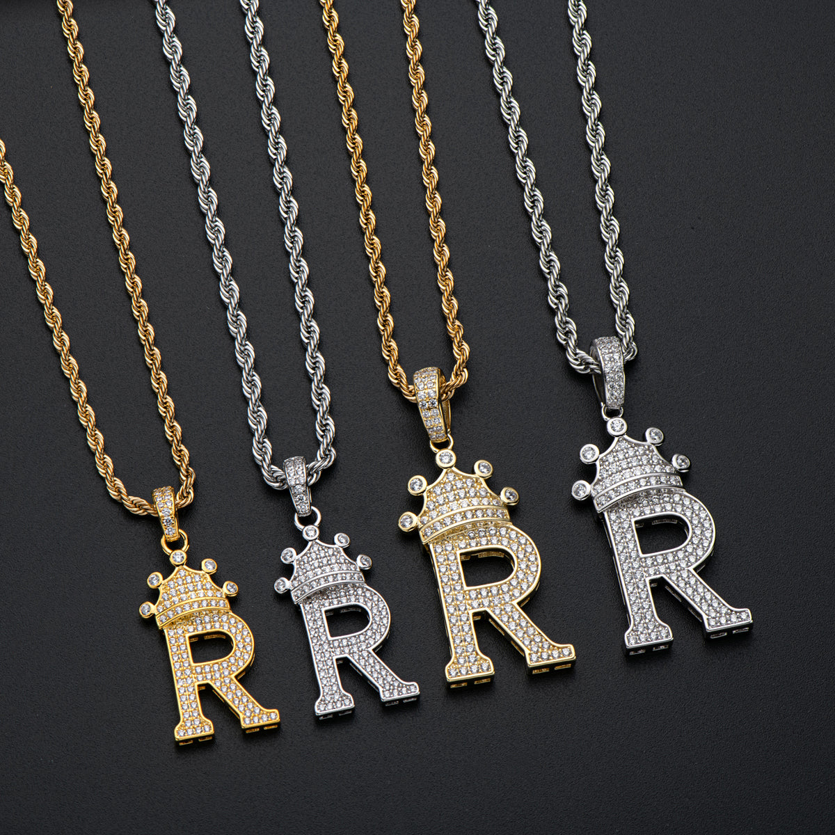 925 Sterling Silver The Letter R Created CZ Crown Hip Hop Rope Chain Pendant Necklace