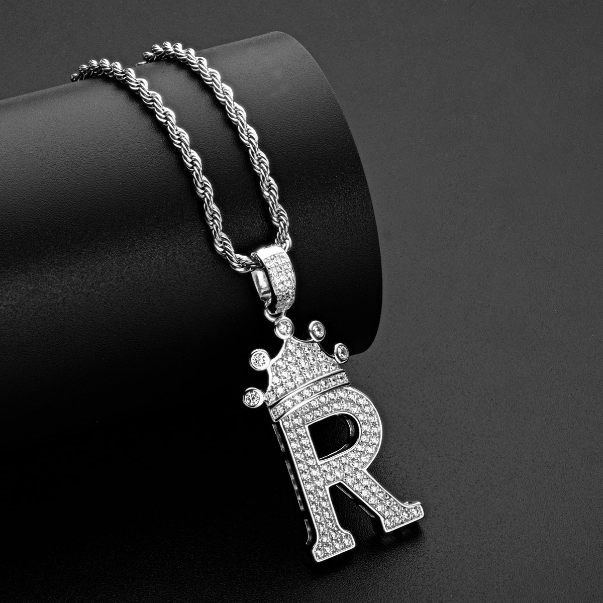 925 Sterling Silver The Letter R Created CZ Crown Hip Hop Rope Chain Pendant Necklace