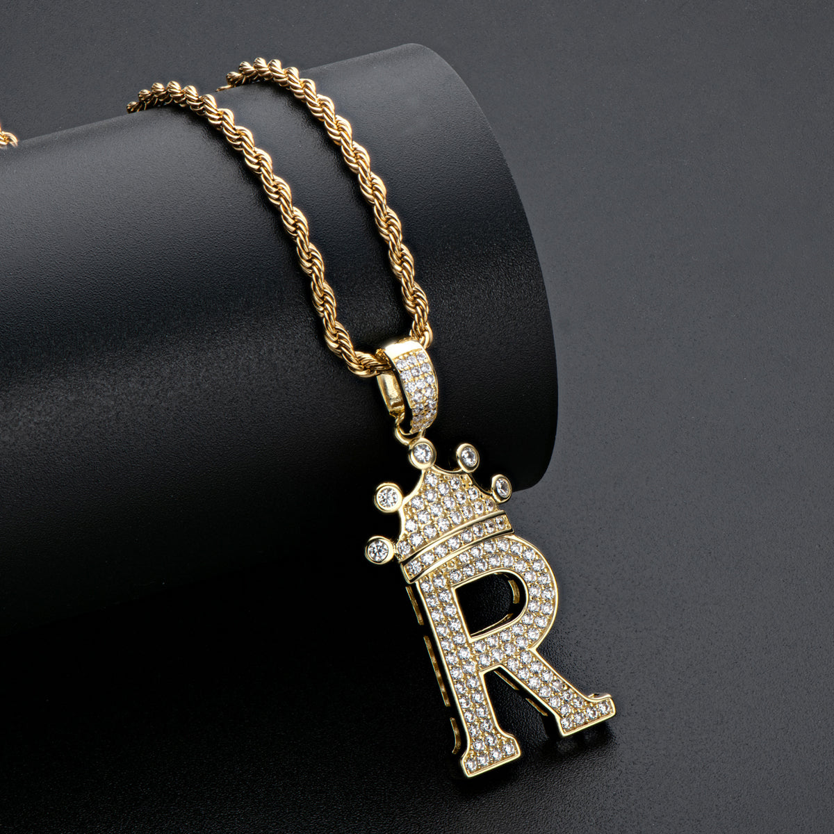 925 Sterling Silver The Letter R Created CZ Crown Hip Hop Rope Chain Pendant Necklace