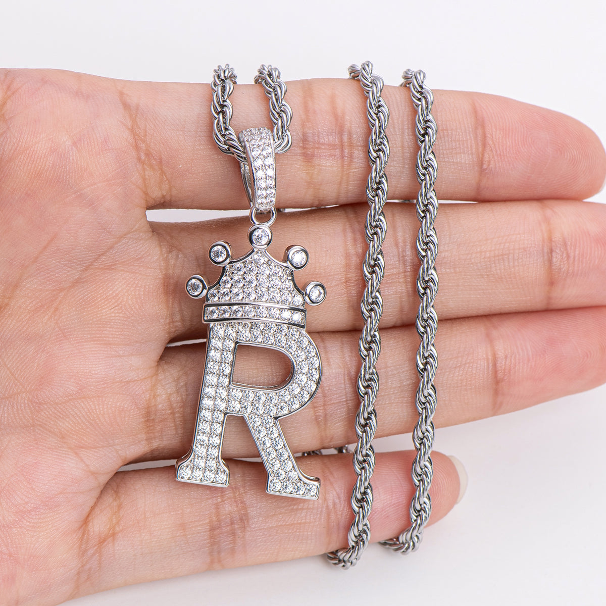 925 Sterling Silver The Letter R Created CZ Crown Hip Hop Rope Chain Pendant Necklace