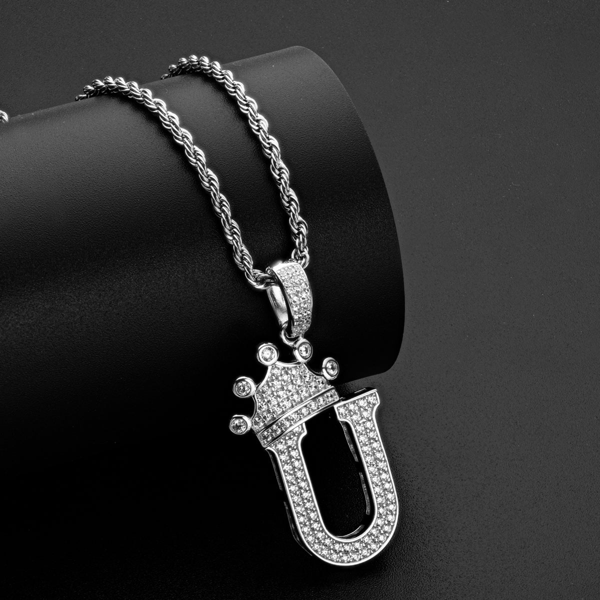 925 Sterling Silver The Letter U Created CZ Crown Hip Hop Rope Chain Pendant Necklace