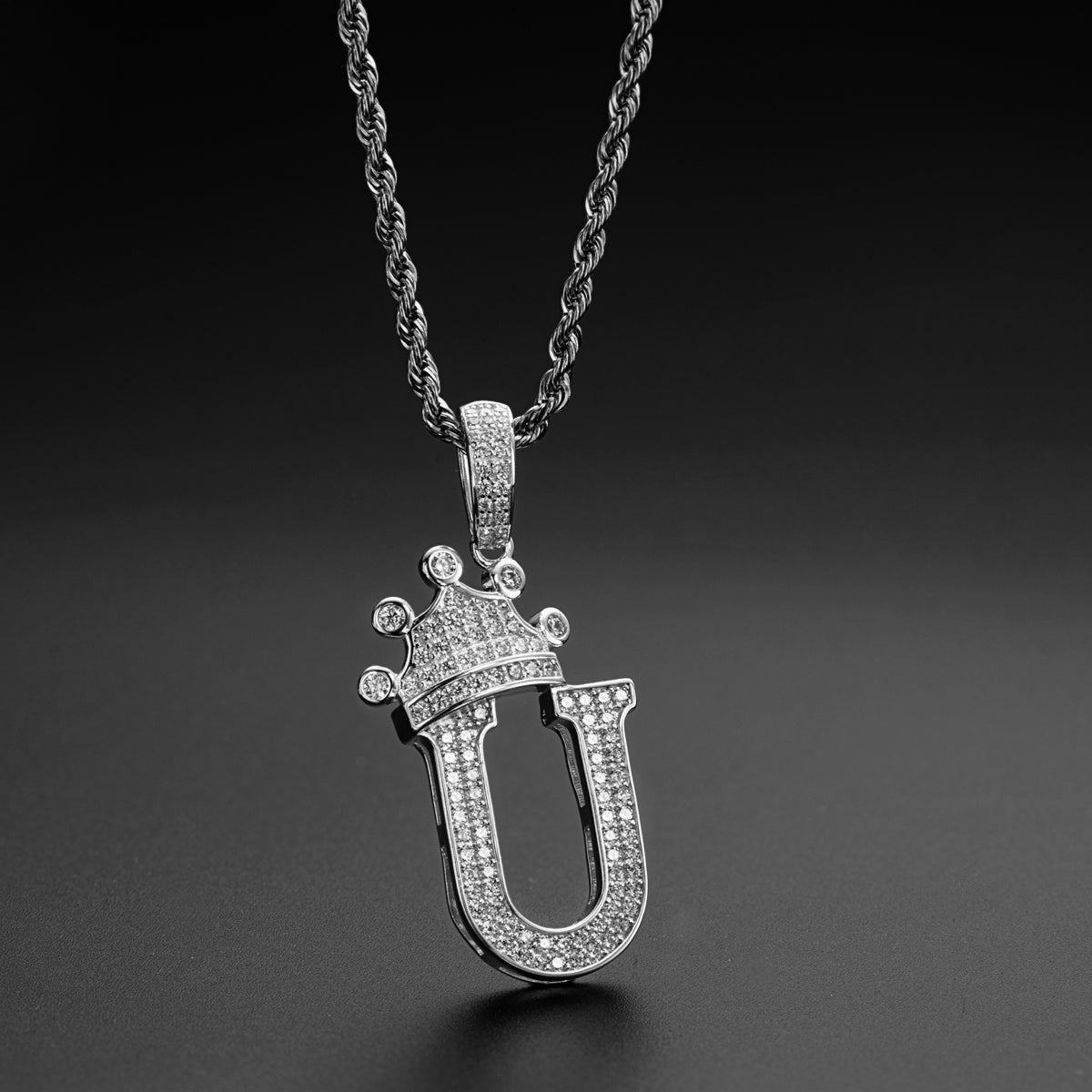 925 Sterling Silver The Letter U Created CZ Crown Hip Hop Rope Chain Pendant Necklace