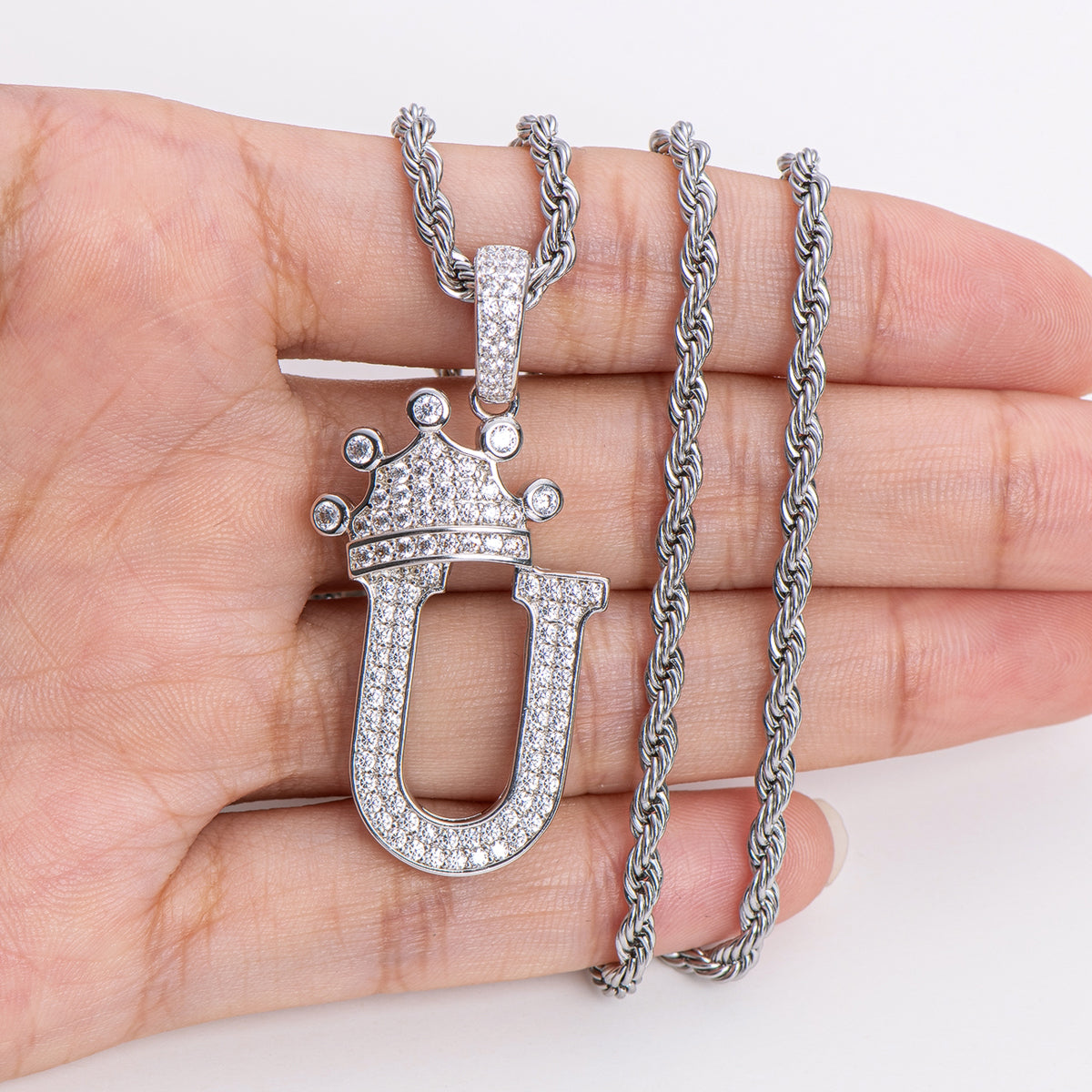 925 Sterling Silver The Letter U Created CZ Crown Hip Hop Rope Chain Pendant Necklace