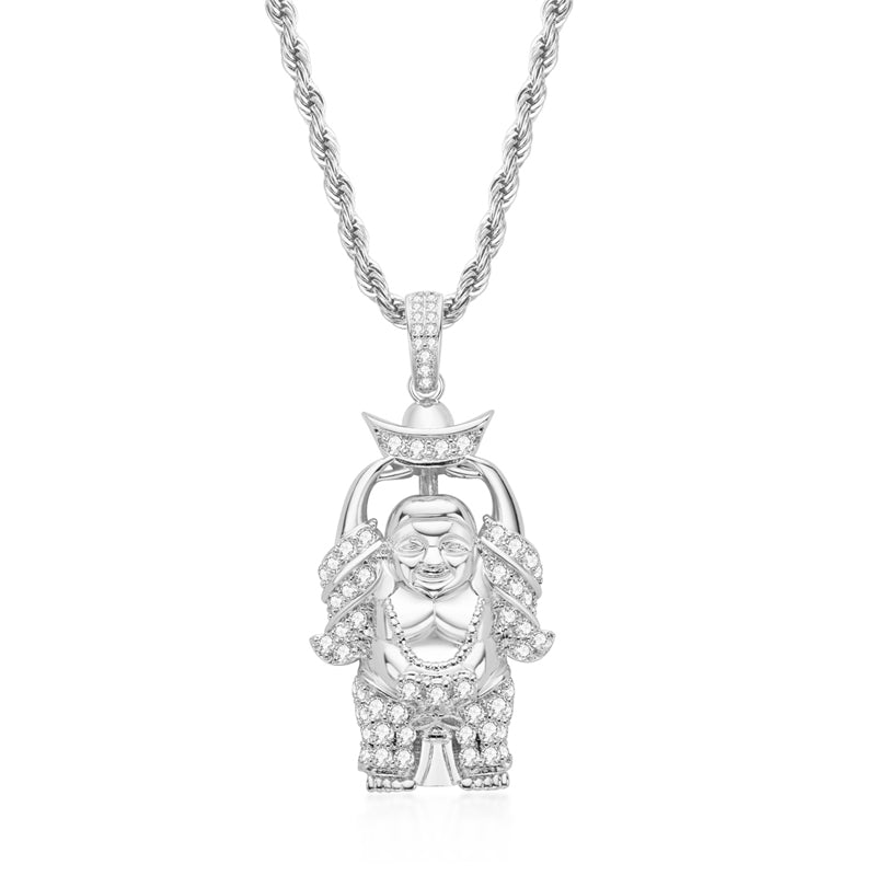 925 Sterling Silver Created Diamond Religion Buddha Statue Rope Chain Pendant Necklace