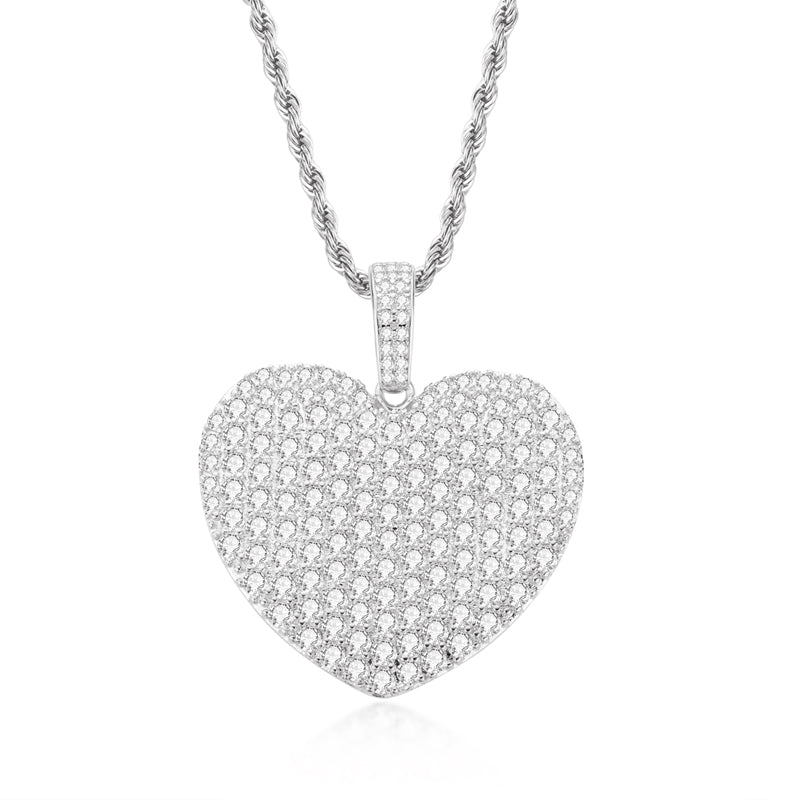 925 Sterling Silver Created Heart Shaped Rope Chain Hip Hop Pendant Necklace