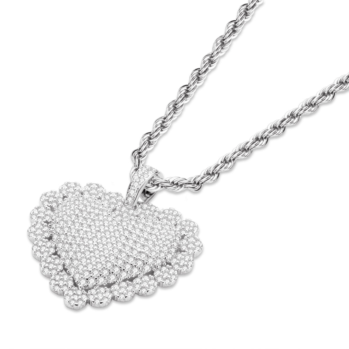 925 Sterling Silver Heart Shaped Hip Hop Created Diamond Rope Chain Pendant Necklace