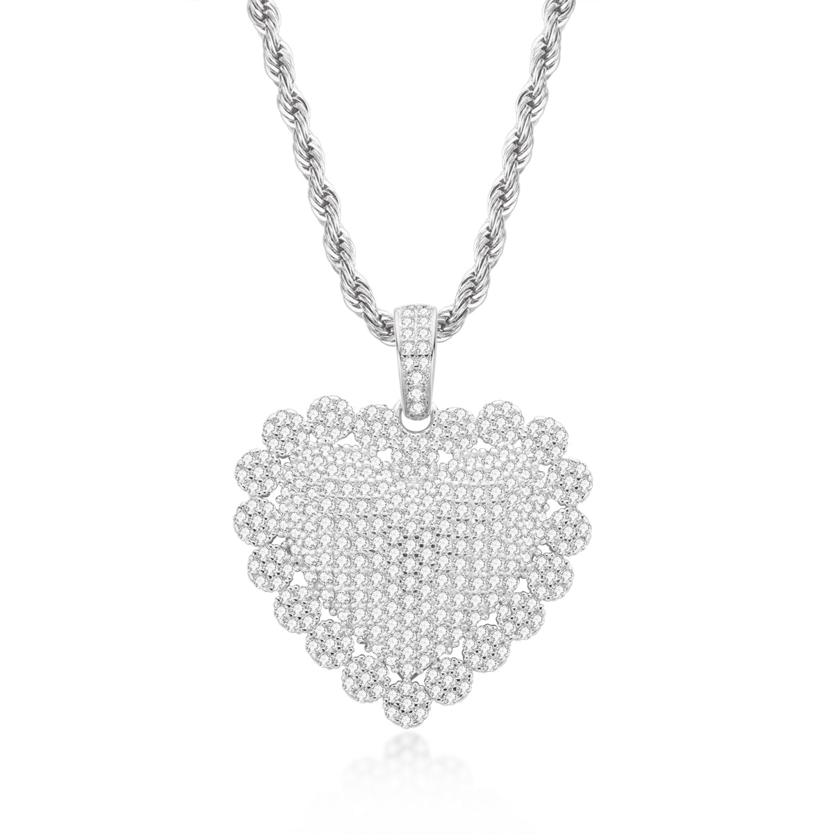 925 Sterling Silver Heart Shaped Hip Hop Created Diamond Rope Chain Pendant Necklace