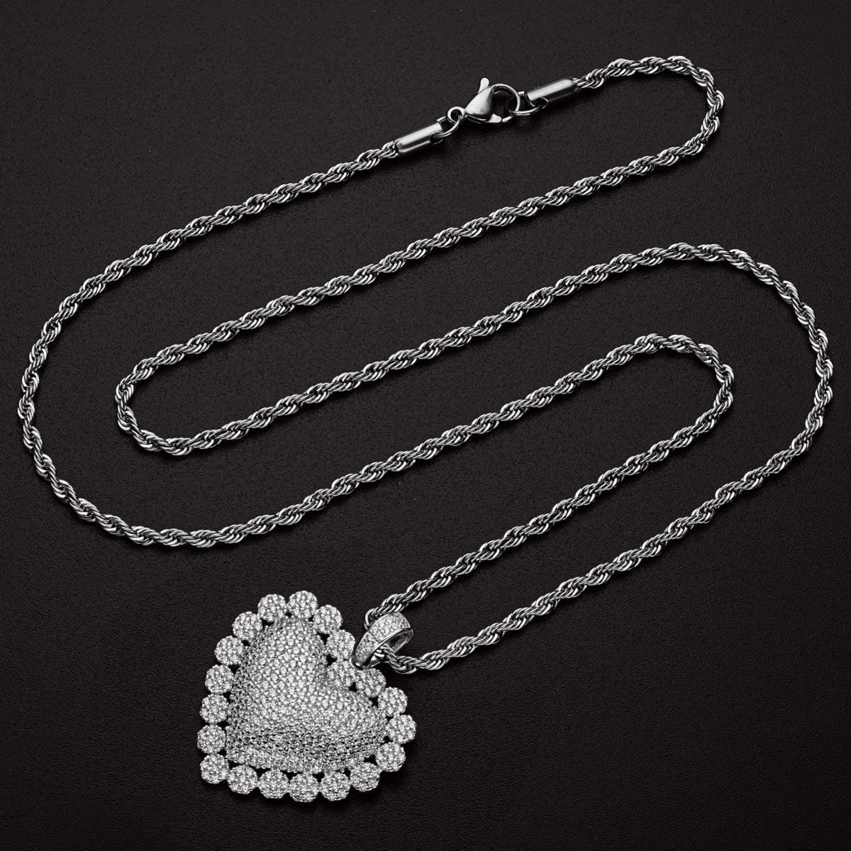 925 Sterling Silver Heart Shaped Hip Hop Created Diamond Rope Chain Pendant Necklace