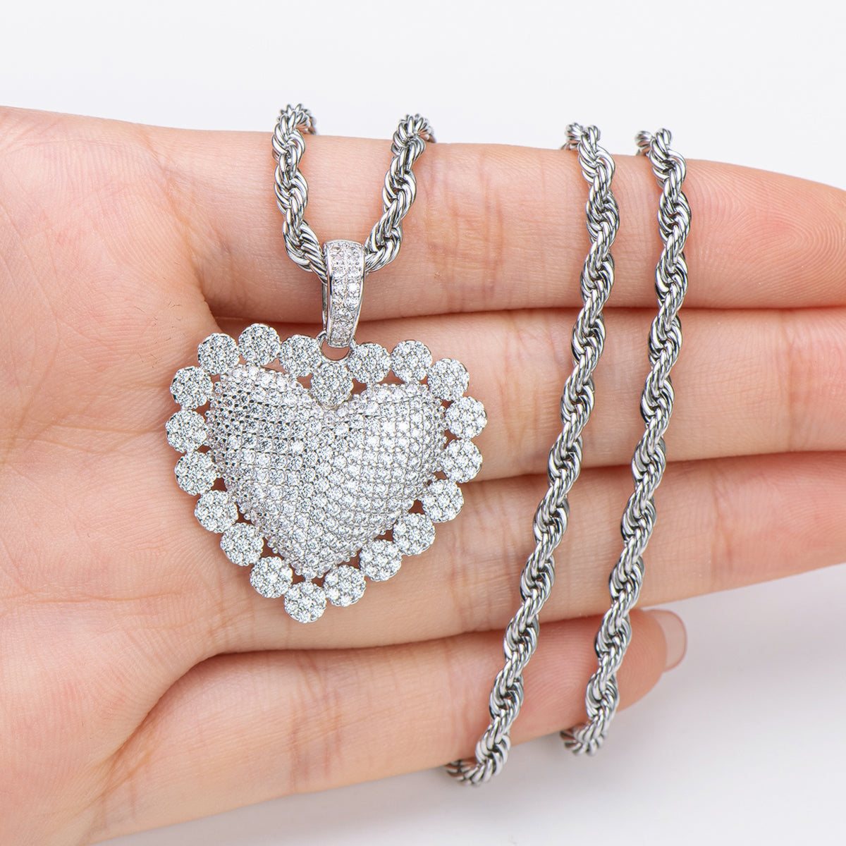 925 Sterling Silver Heart Shaped Hip Hop Created Diamond Rope Chain Pendant Necklace