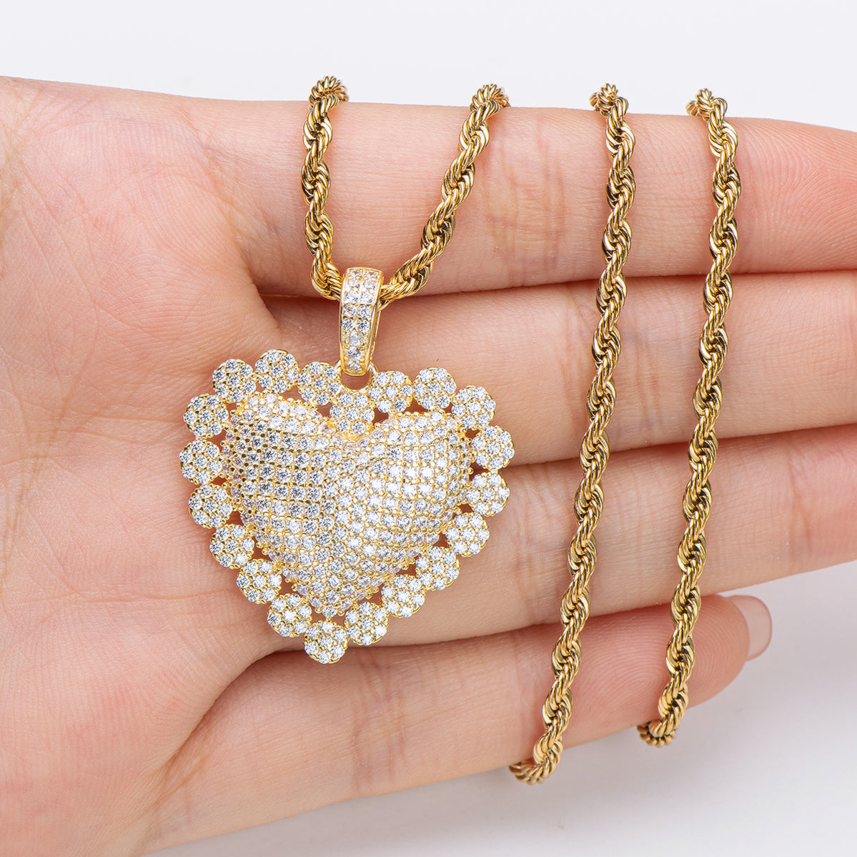 925 Sterling Silver Heart Shaped Hip Hop Created Diamond Rope Chain Pendant Necklace