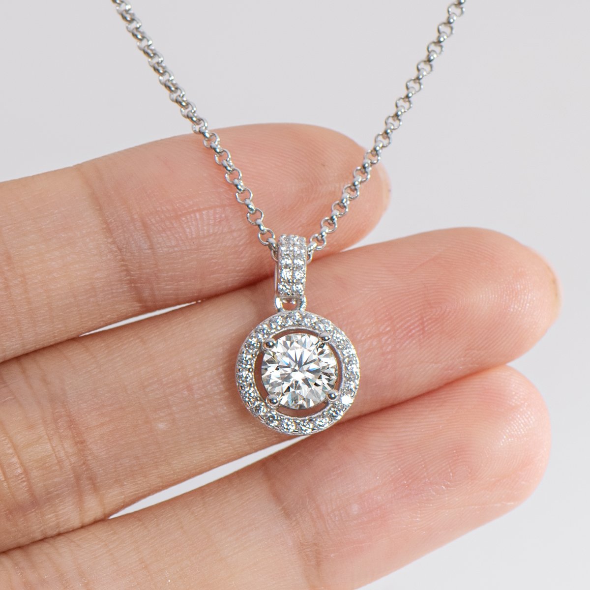 925 Sterling Silver Halo Round Cut Created Diamond Pendant Necklace