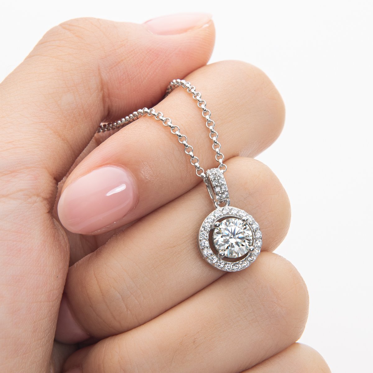 925 Sterling Silver Halo Round Cut Created Diamond Pendant Necklace