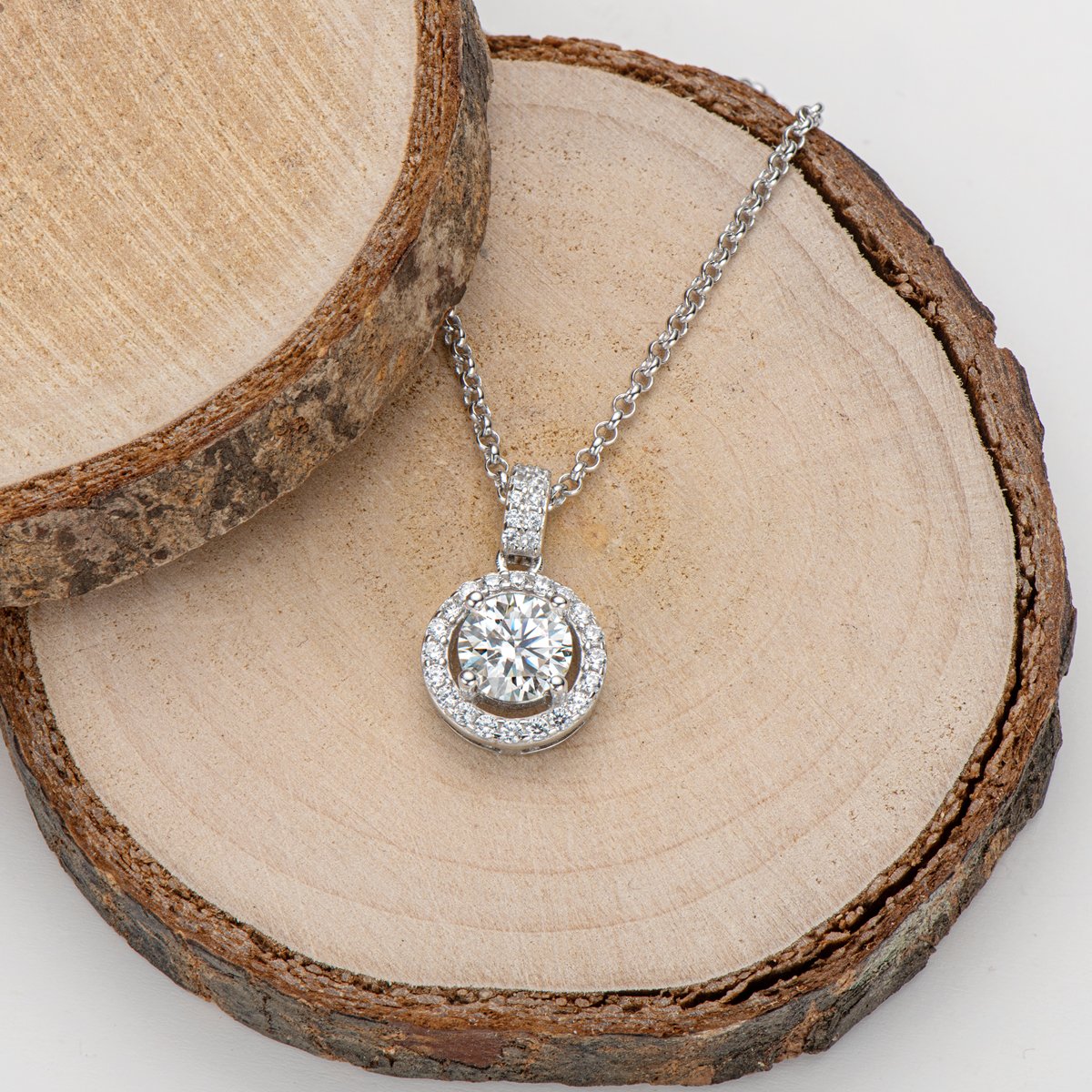 925 Sterling Silver Halo Round Cut Created Diamond Pendant Necklace