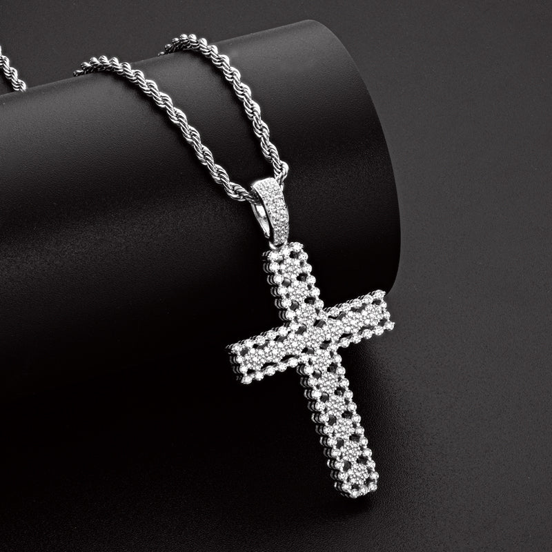 925 Sterling Silver Round Cut Created Diamond Personalized Cross Hip Hop Pendant Necklace 23.62''