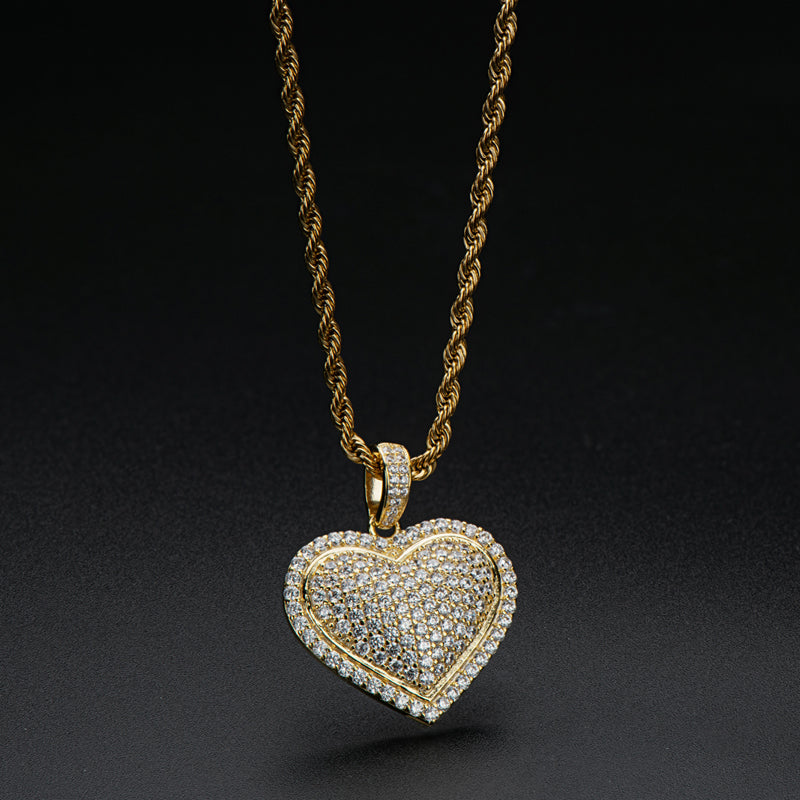 925 Sterling Silver Created Diamond Heart Shaped Hip Hop Pendant Necklace