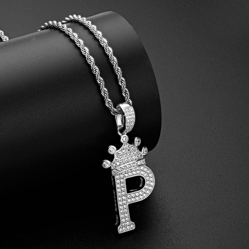 925 Sterling Silver Round Cut Created CZ Hip Hop Micro Pave The Letter P Pendant Necklace