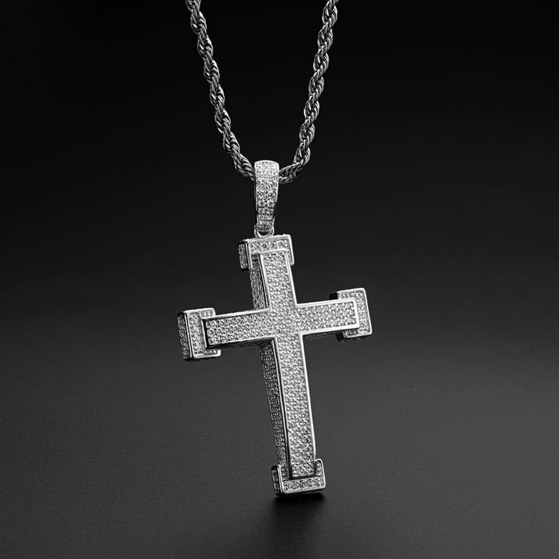 925 Sterling Silver Three Rows Round Cut Created CZ Cross Pendant Necklace