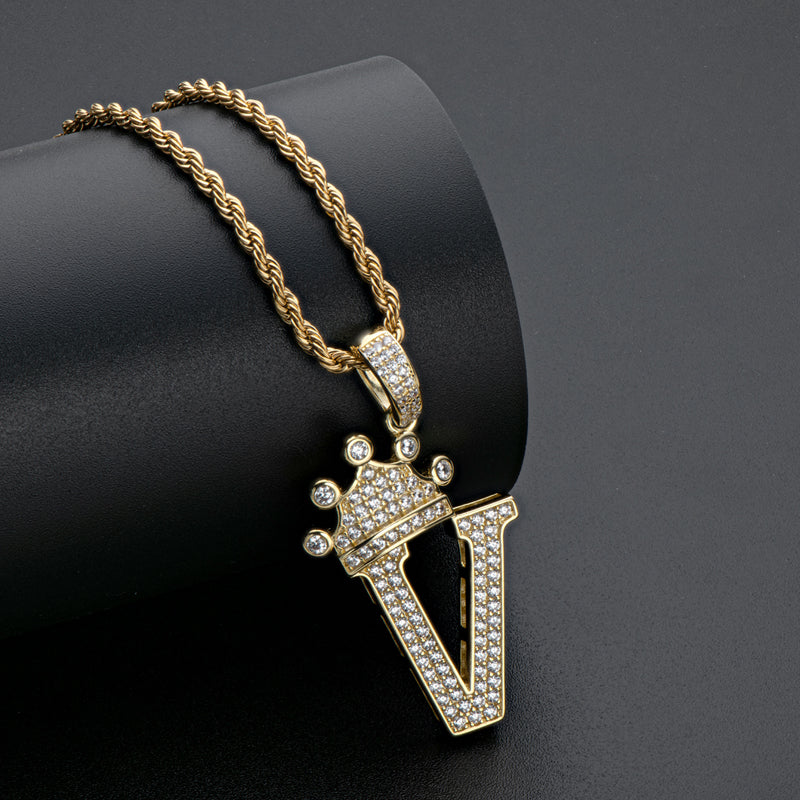 925 Sterling Silver Created CZ Hip Hop Micro Pave The Letter V Pendant Necklace