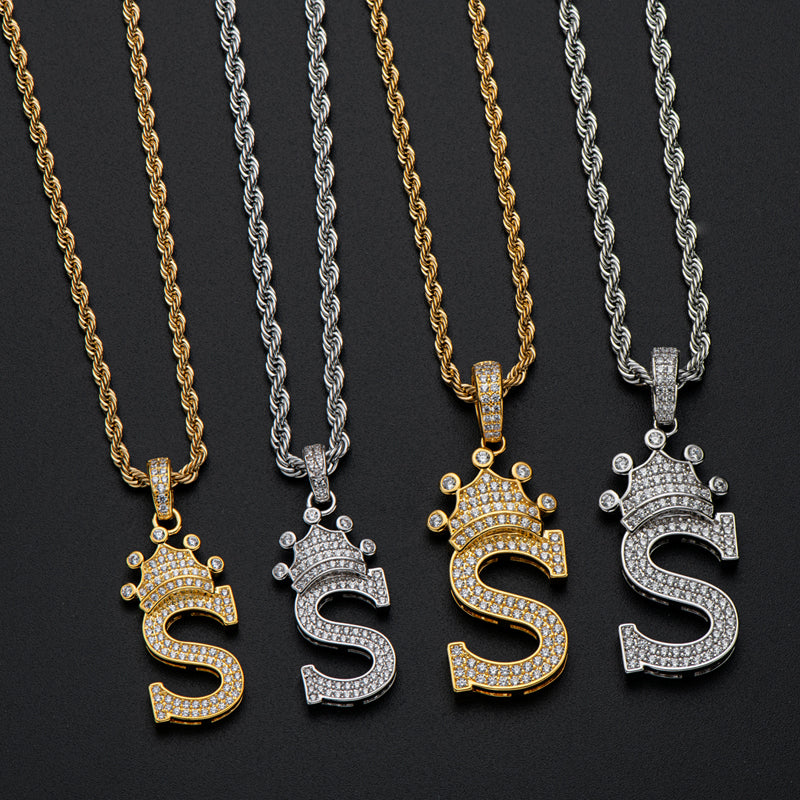 925 Sterling Silver Created CZ Hip Hop Micro Pave The Letter S Pendant Necklace