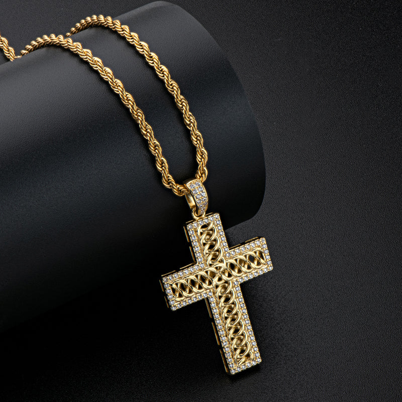 925 Sterling Silver Created Diamond Cross Hip Hop Long Chain Luxury Pendant Necklace