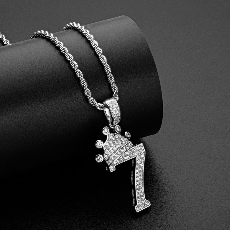 925 Sterling Silver Number 7 Created Diamond Hip Hop Long Chain Pendant Necklace