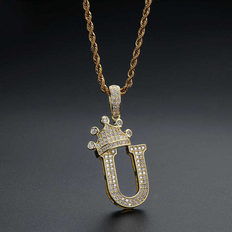 925 Sterling Silver Created Diamond Hip Hop Micro Pave The Letter U Pendant Necklace