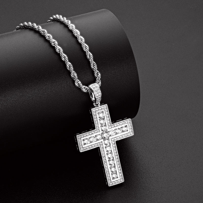 925 Sterling Silver Round Cut Created Diamond Hip Hop Charm Cross Pendant Necklace