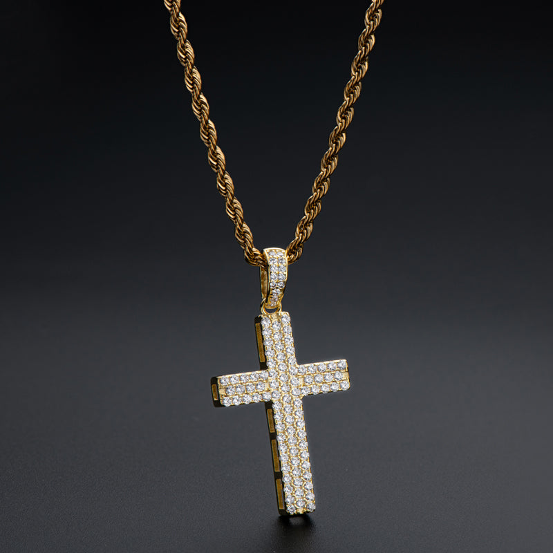 925 Sterling Silver Round Cut Created CZ Hip-Hop Cross Pendant Necklace