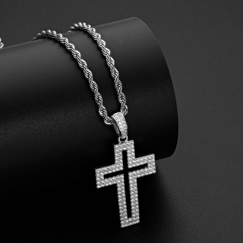 925 Sterling Silver Created Diamond Personalized Cross Hollow Pendant Necklace