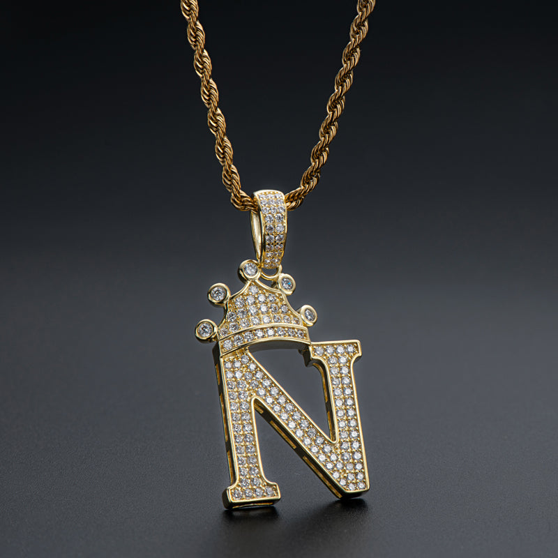 925 Sterling Silver The Letter N Created CZ Crown Hip Hop Rope Chain Pendant Necklace