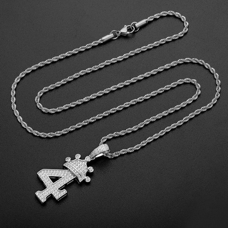 925 Sterling Silver Number 4 Created Diamond Hip Hop Long Chain Pendant Necklace