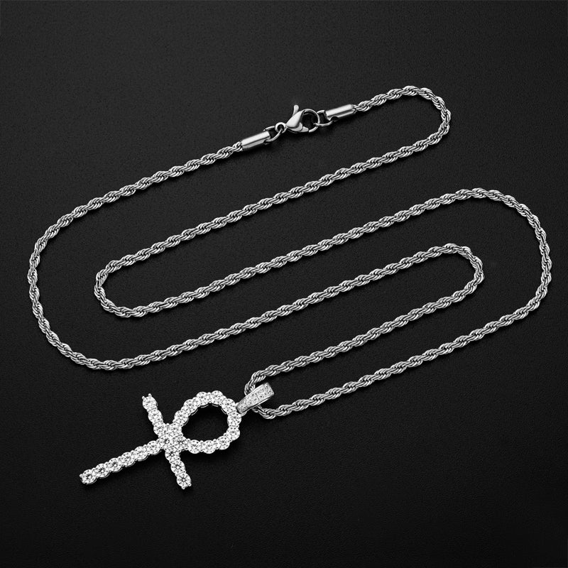 925 Sterling Silver Created CZ Cross Hip Hop Rope Chain Pendant Necklace