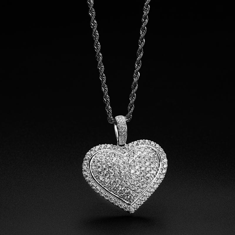 925 Sterling Silver Created CZ Heart Shaped Long Chain Hip Hop Pendant Necklace