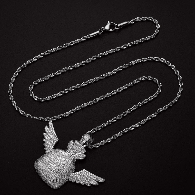 925 Sterling Silver Created Diamond Wallet With Wings Pendant Necklace