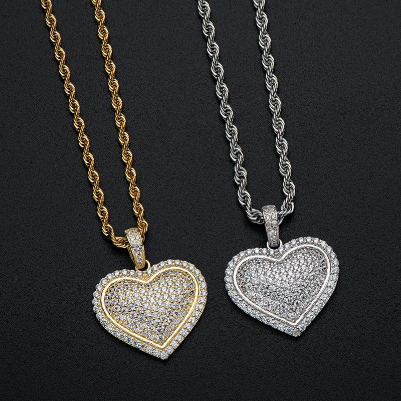 925 Sterling Silver Created Diamond Heart Shaped Hip Hop Pendant Necklace