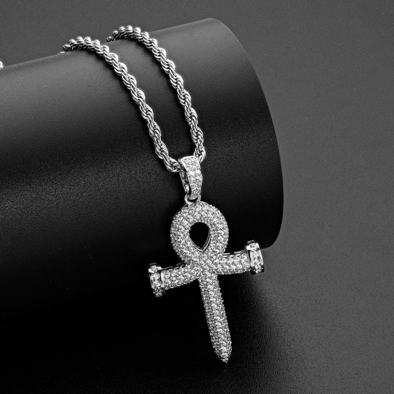 925 Sterling Silver Created Diamond Cross Hip Hop Rope Chain Pendant Necklace