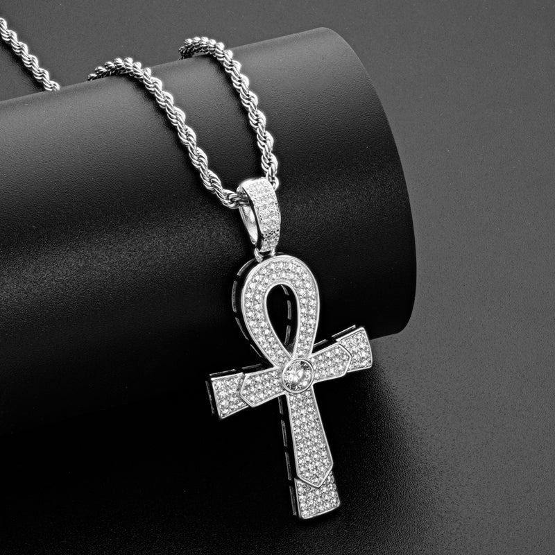 925 Sterling Silver Round Cut Created Diamond Cross Hip Hop Luxury Pendant Necklace