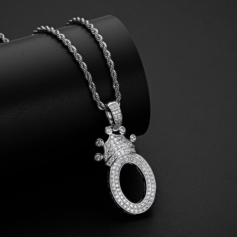 925 Sterling Silver Number 0 Crown Created Diamond Pendant Necklace