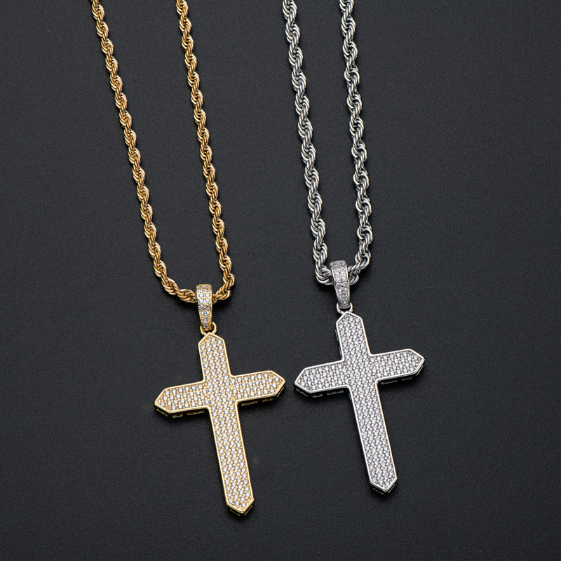 925 Sterling Silver Created CZ Cross Hip Hop Long Chain Pendant Necklace