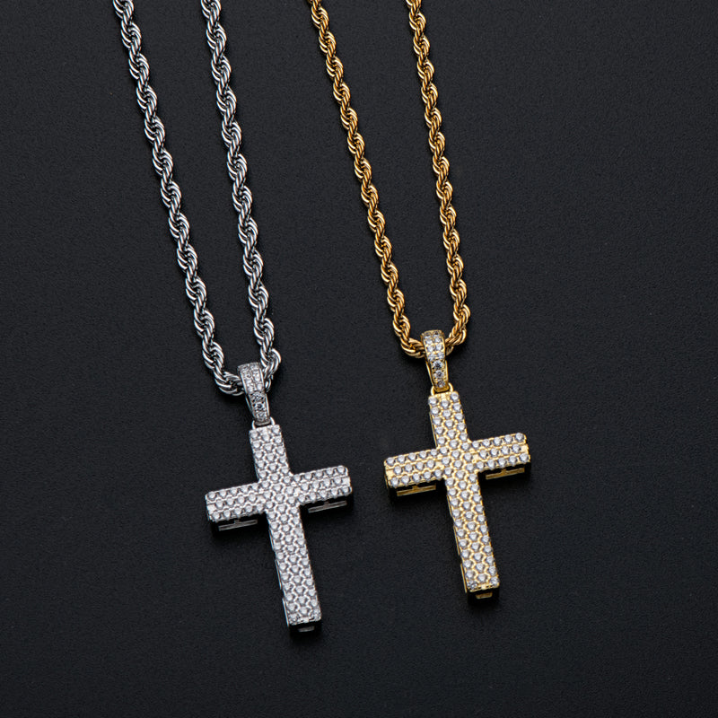 925 Sterling Silver Round Cut Created CZ Hip-Hop Cross Pendant Necklace