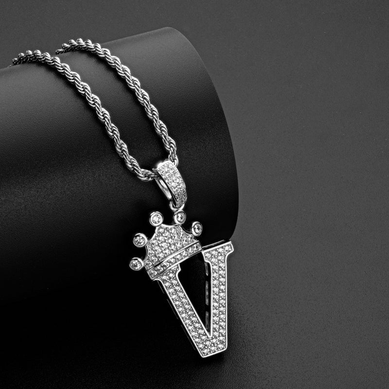 925 Sterling Silver Created CZ Hip Hop Micro Pave The Letter V Pendant Necklace