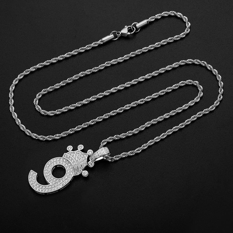 925 Sterling Silver Number 9 Created Diamond Hip Hop Long Chain Pendant Necklace