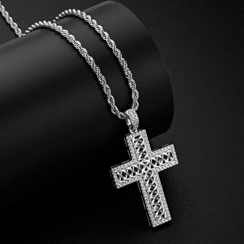 925 Sterling Silver Created Diamond Cross Hip Hop Long Chain Luxury Pendant Necklace