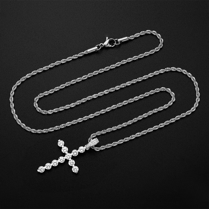 925 Sterling Silver Round Cut Created CZ Cross Pendant Necklace