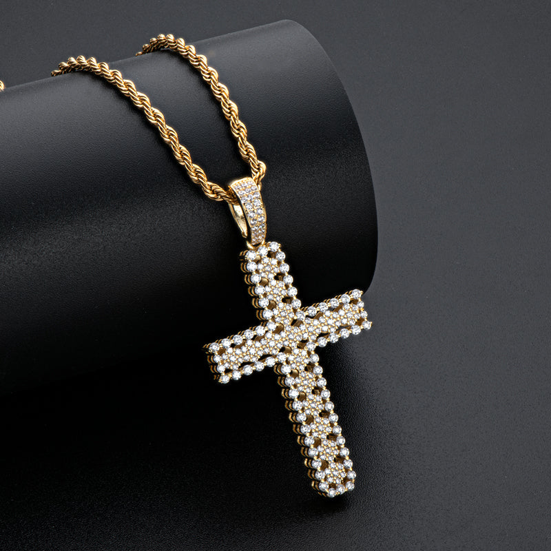 925 Sterling Silver Round Cut Created Diamond Personalized Cross Hip Hop Pendant Necklace 23.62''