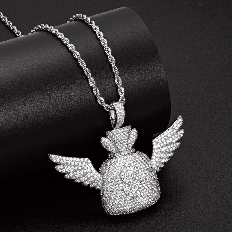 925 Sterling Silver Created Diamond Wallet With Wings Pendant Necklace