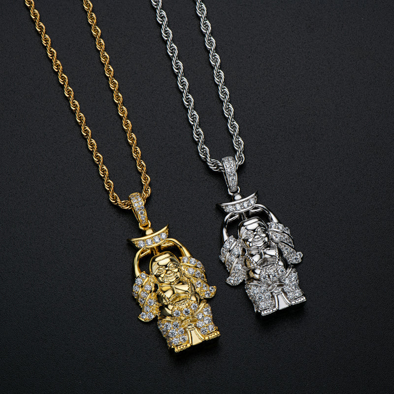 925 Sterling Silver Created Diamond Religion Buddha Statue Rope Chain Pendant Necklace