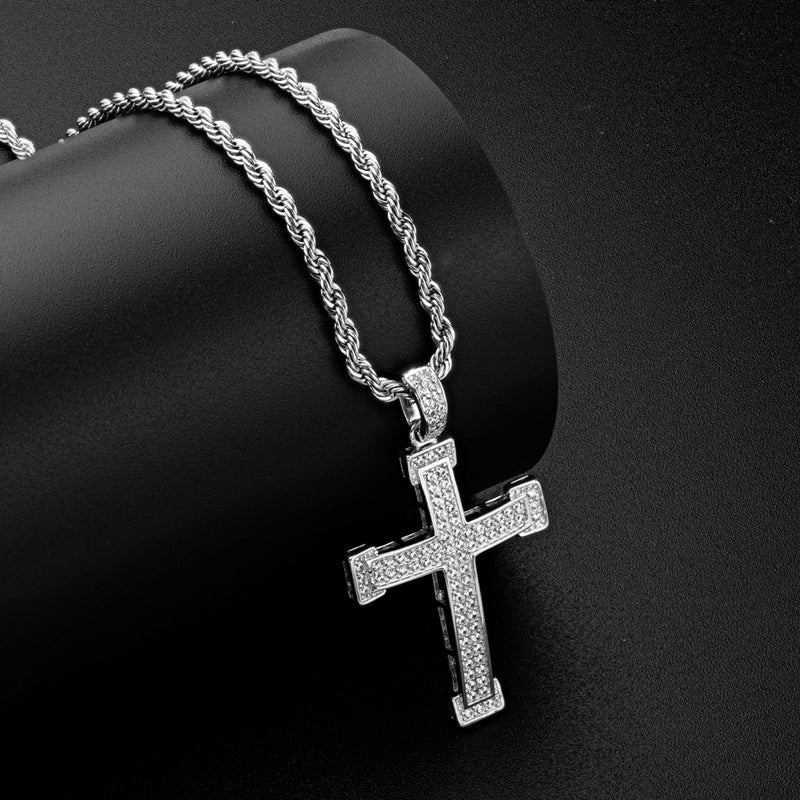 925 Sterling Silver Personalized Cross Created CZ Hip Hop Charm Pendant Necklace